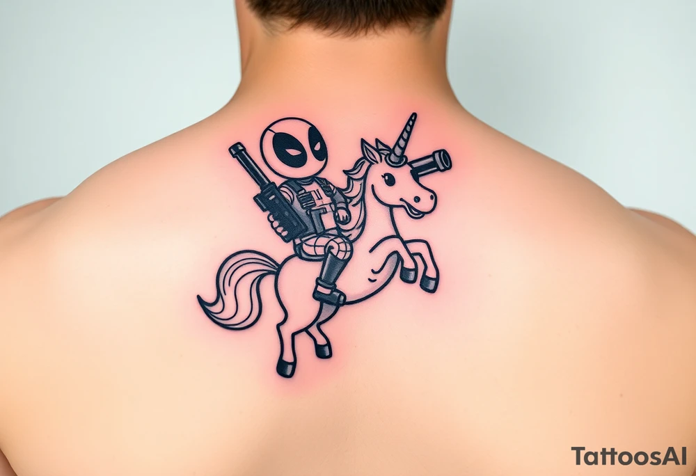 Deadpool riding cartoon unicorn holding big gun tattoo idea