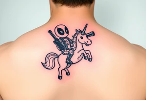 Deadpool riding cartoon unicorn holding big gun tattoo idea