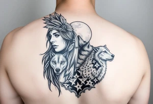 Native Amazing women with feathers in her hair, around wolves, Mountain & having the moon tattoo idea