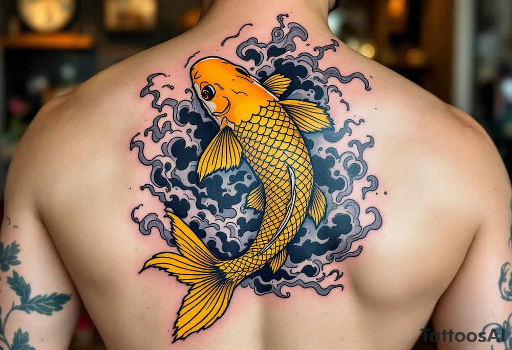 Yellow Koi with Wind Bars and Smoke – A bright yellow koi swimming through stylized Japanese wind bars and curling gray smoke, conveying motion and mystique. tattoo idea