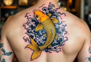 Yellow Koi with Wind Bars and Smoke – A bright yellow koi swimming through stylized Japanese wind bars and curling gray smoke, conveying motion and mystique. tattoo idea