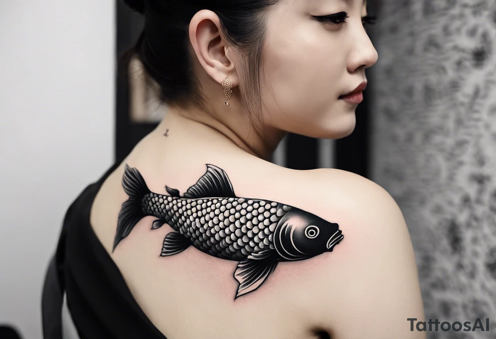 Koi carp, Japanese style clouds, black color, on the shoulder tattoo idea