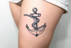 weathered anchor wrapped in nautical rope with sea waves tattoo idea