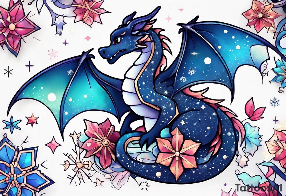 Constellation, kawaii dragon, snowflake tattoo idea