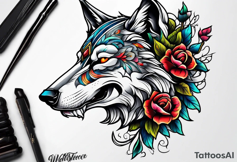 Neo traditional wolf skull tattoo idea