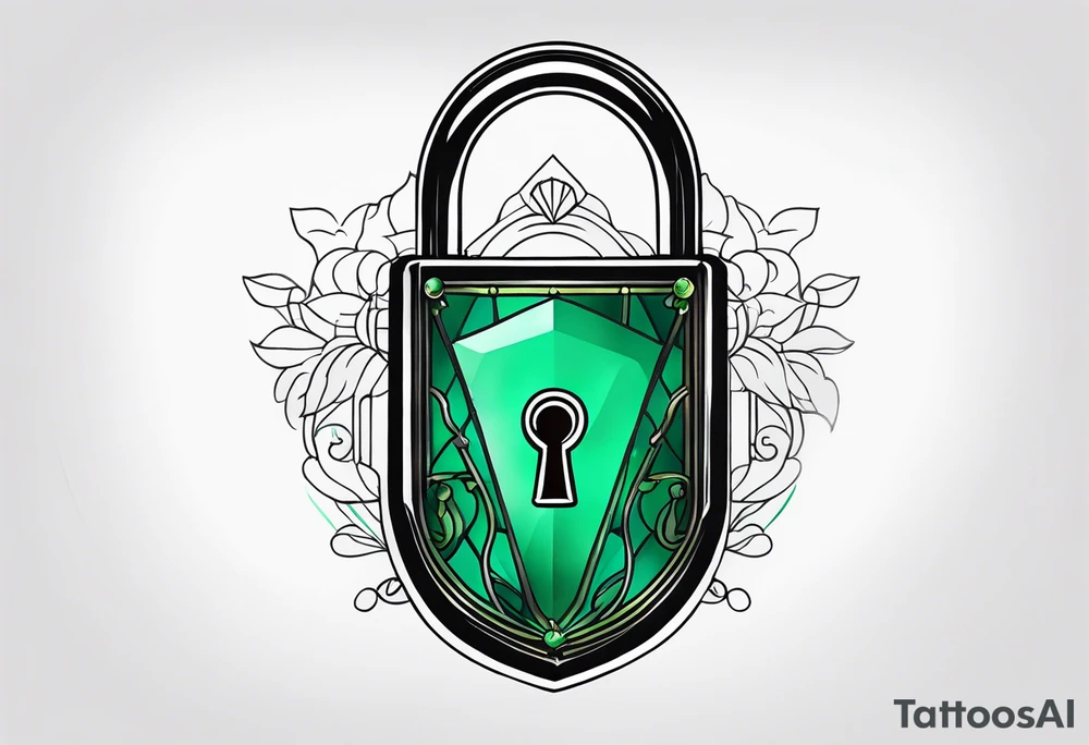 Lock and key with emerald stone tattoo idea