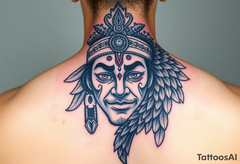 lord murugan colorful face tattoo with peacock
on back tattoo idea