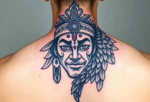 lord murugan colorful face tattoo with peacock
on back tattoo idea