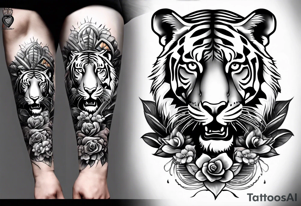 King tiger on top of Hour glass with Brain and heart inside
Full detailed sleeve tattoo idea