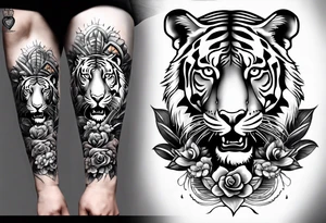 King tiger on top of Hour glass with Brain and heart inside
Full detailed sleeve tattoo idea