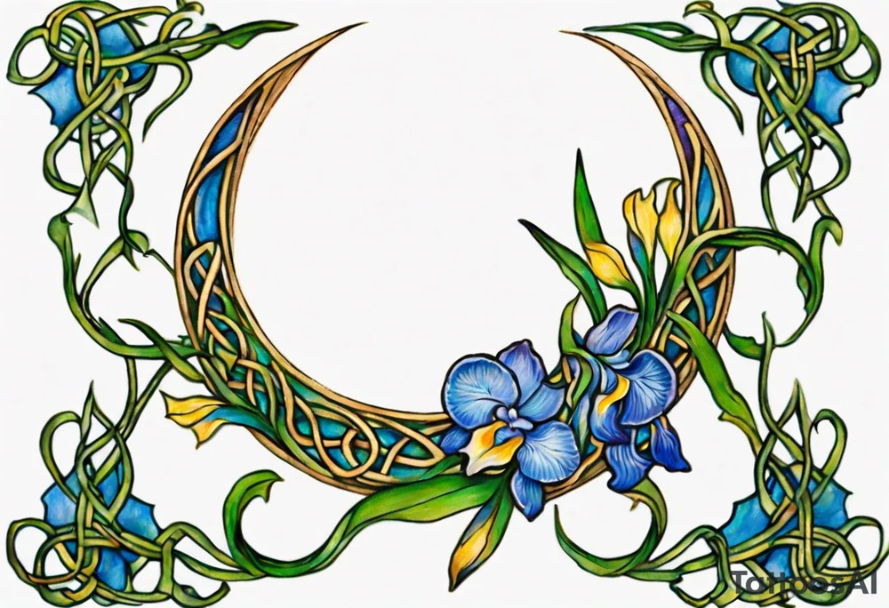 Create a small, colorful Vincent van Gogh Irises tattoo in the form of a crescent, with vines in Celtic knot style gracefully intertwining at a central point in the middle of the wreath. The intended placement is on the upper chest. The middle needs mountains. The overall design should be small in size while maintaining a delicate and artistic aesthetic. Pay attention to the graceful flow of the vines and the placement of the irises to achieve a refined and elegant look. tattoo idea