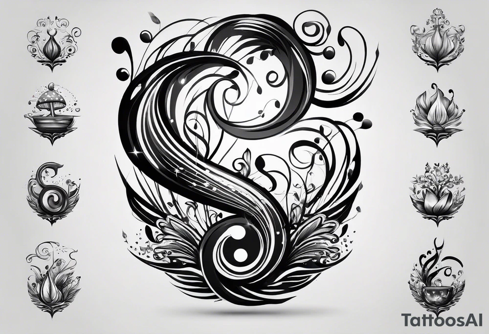 lots of empty space with simple line of icons down the back of the arm. there are four icons in this order:

1. a music note on a staff
2. a wave of water
3. a pocket
4. mushroom tattoo idea