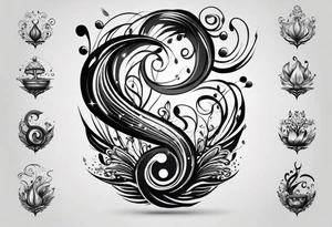 lots of empty space with simple line of icons down the back of the arm. there are four icons in this order:

1. a music note on a staff
2. a wave of water
3. a pocket
4. mushroom tattoo idea