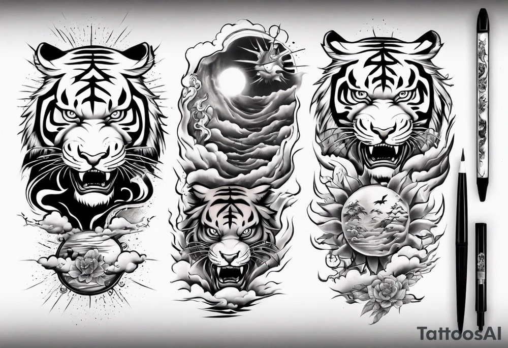 Tiger sleeve tattoo with lightning and the sun tattoo idea