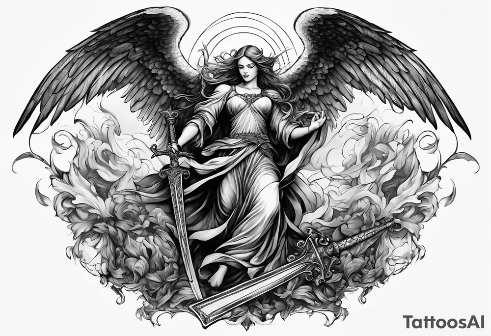 Angel with long sword on a pile of dead demons in etchwork style sleeve tattoo idea