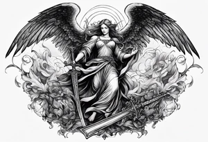 Angel with long sword on a pile of dead demons in etchwork style sleeve tattoo idea
