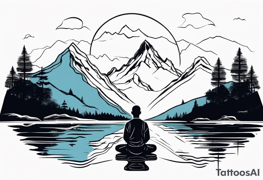 a meditating man by the mountain river tattoo idea