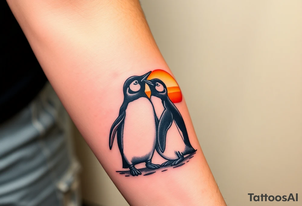 Penguins cuddling each other, looking off at a sunset tattoo idea