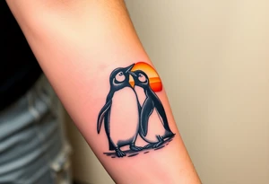 Penguins cuddling each other, looking off at a sunset tattoo idea