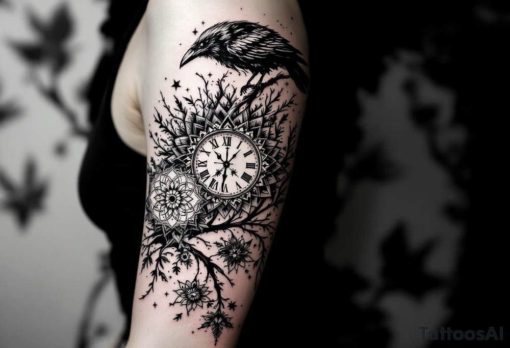 left arm tattoo of a raven mandala on a branch next to a clock face tattoo idea