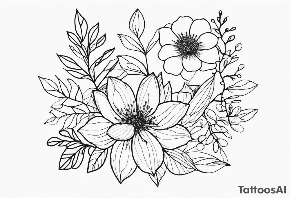 fine line flowers surrrounded by leaves and branches tattoo idea fine line flowers surrrounded by leaves and branches tattoo idea