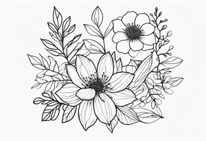 fine line  flowers surrrounded by leaves and branches tattoo idea