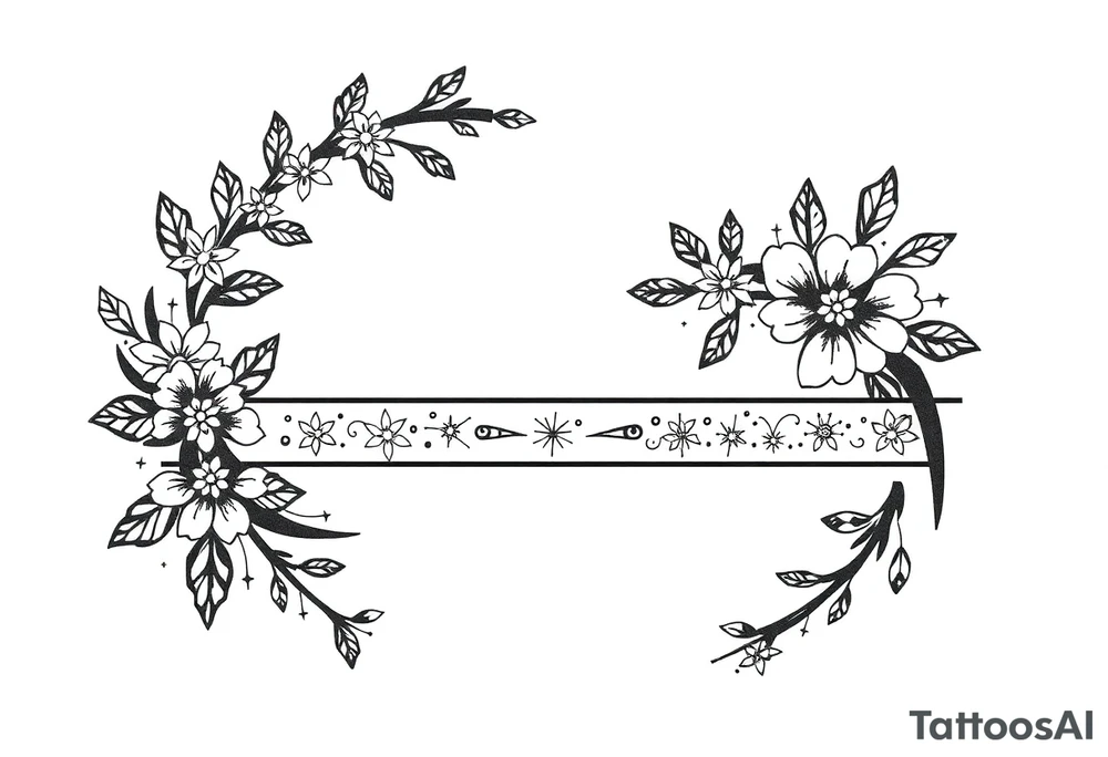 an broad band in shape of an arc filled with tiny floral elements combined with christmas elements and winter symbols like snow flakes, stars and similar tattoo idea