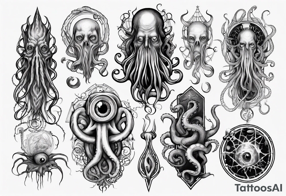 lovecraft long tattoo to put on the forearm, with eye and tentacle tattoo idea