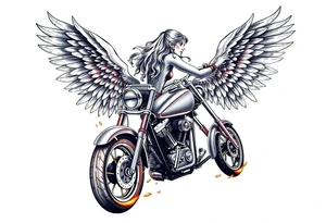 Harley grey motorcycle driving away, flames, angel wings tattoo idea