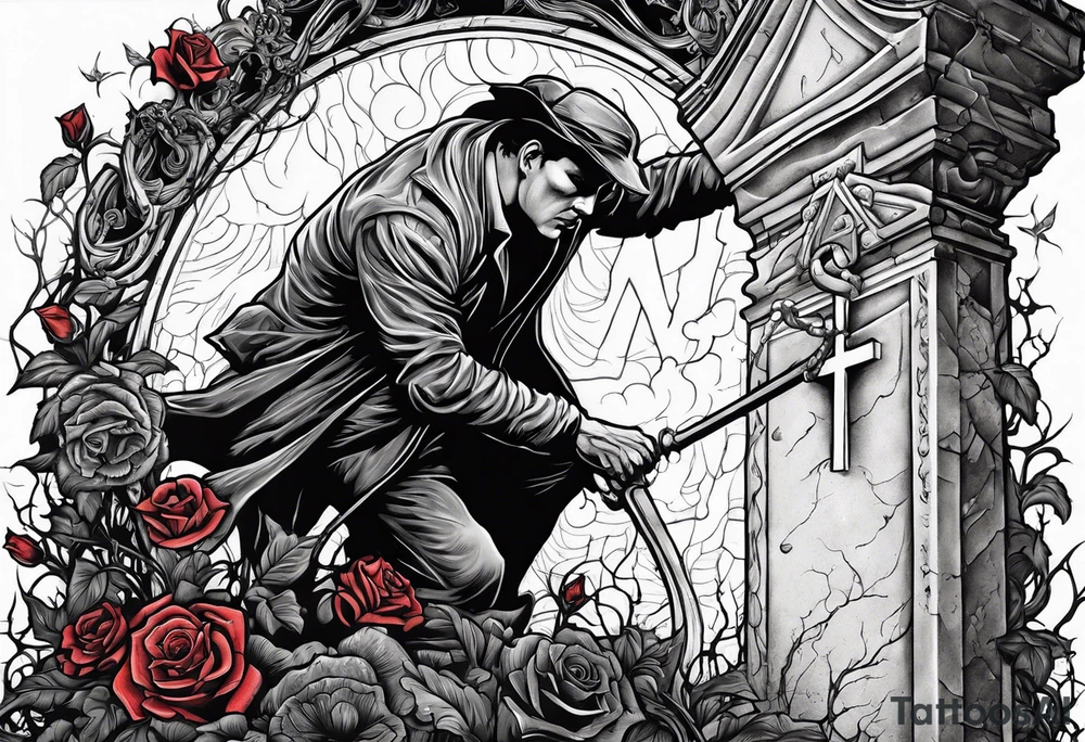 Man climbing out of grave. 
MIW Reincarnate written on gravestone tattoo idea