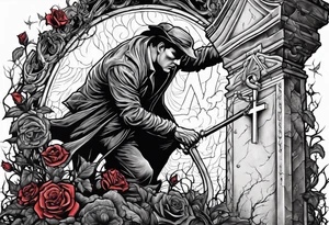 Man climbing out of grave. 
MIW Reincarnate written on gravestone tattoo idea