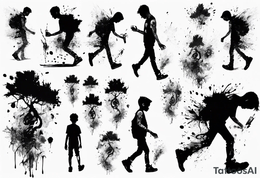 Paint splash drawing a lost boy walking alone tattoo idea