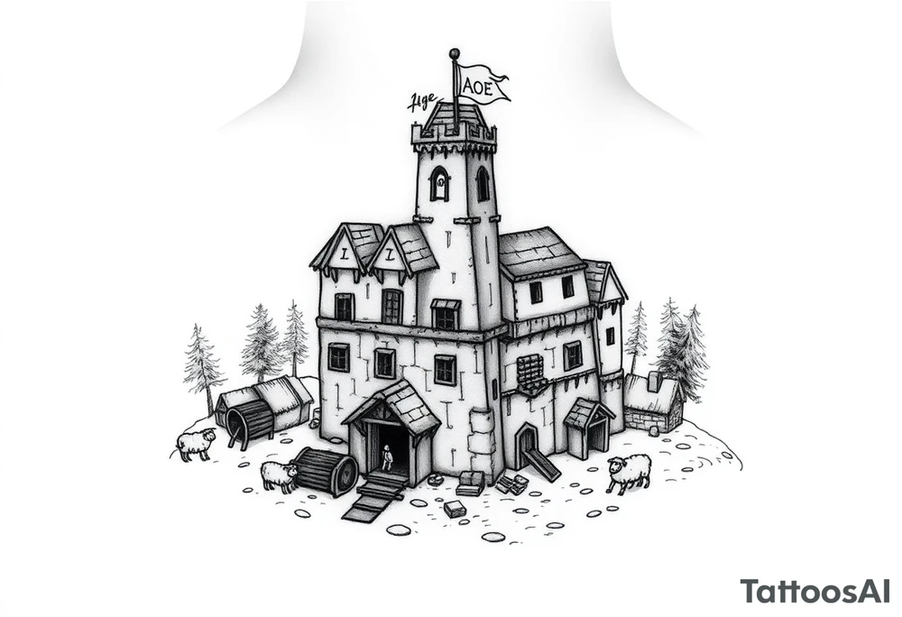 Blackwork or sketch-style tattoo of a medieval Town Center inspired by Age of Empires IV. Around it, include tiny humorous details: villagers carrying oversized resources like giant logs, sheep wandering near the building, and one villager stuck on the roof. Add playful game-inspired elements like a glowing 'Age Up' icon above the Town Center or a banner with the letters 'AOE' hanging from the tower. Light-hearted, fun, and recognizable to Age of Empires fans. Designed for shoulder placement tattoo idea