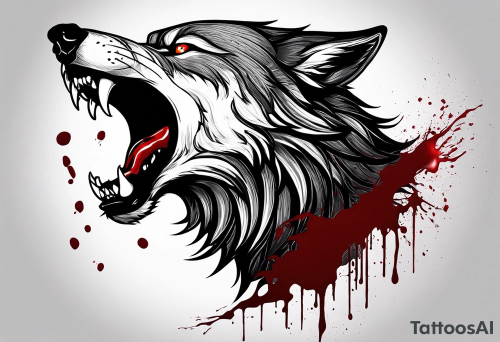 Create aggressive WOLF, with some blood coming out of his mouth and saliva. BLOOD IN THE BACKGROUND. Make it a drawing and use the image of reference. I am going to add. I want HIM TO BE ANGRY WITH RED EYES use VICIOUS WOLF THATS ANGRY tattoo idea