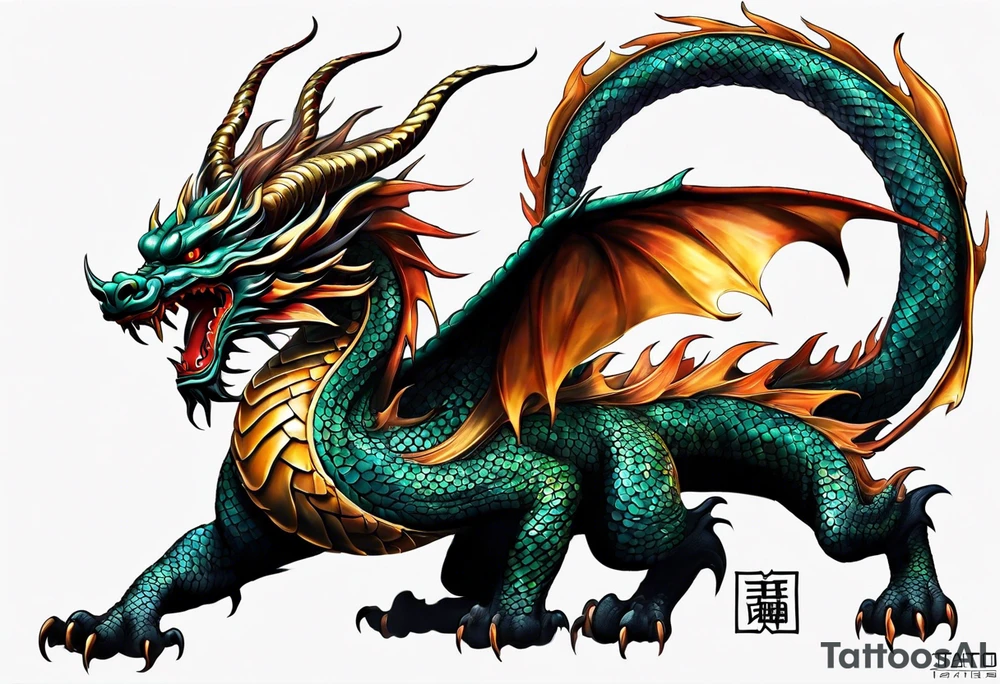 An epic floating asian dragon. Its long body coiling dynamically, with scales and horns detailed to create a sense of movement and strength. The dragon's color is giving a vibrant depth and a mystical aura. This tattoo highlights the dragon’s fierce expression and sharp claws. tattoo idea