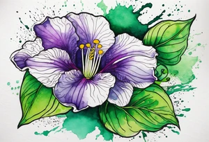 An outline of an only green rio dipladenia flower and a green and purple watercolor splash in the background tattoo idea