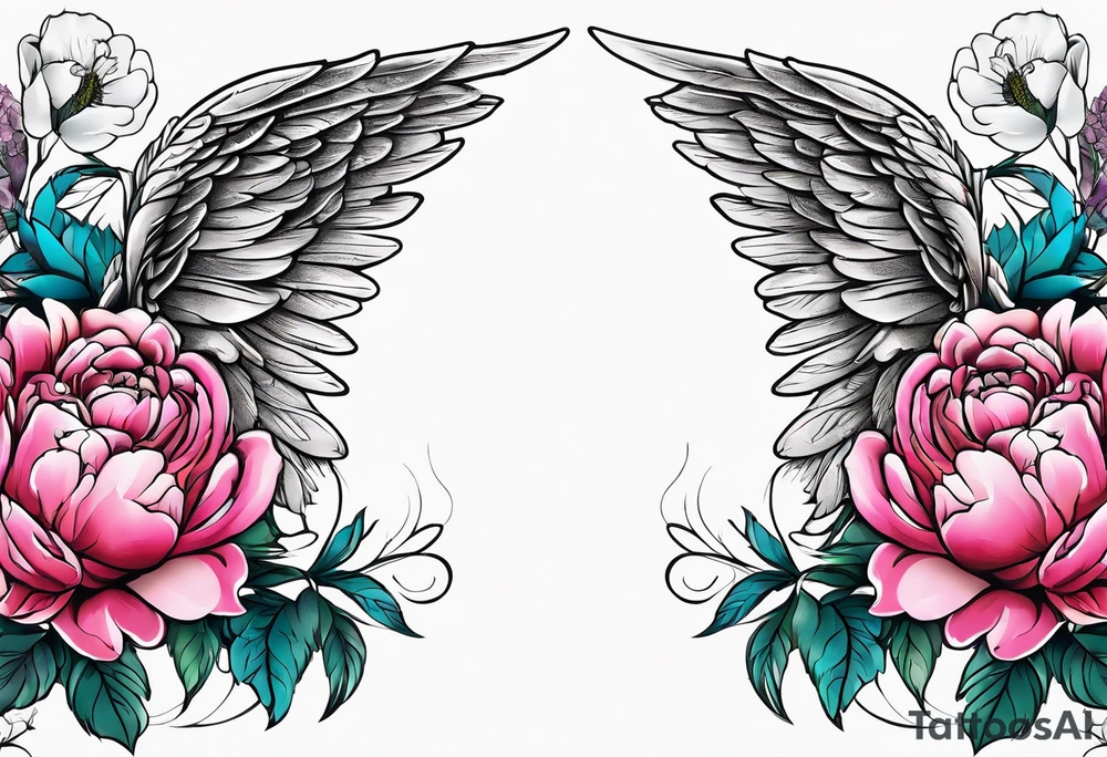 beautiful angel wings with floral peonies, roses, neon, brightly colored. highly detailed, tattoo idea