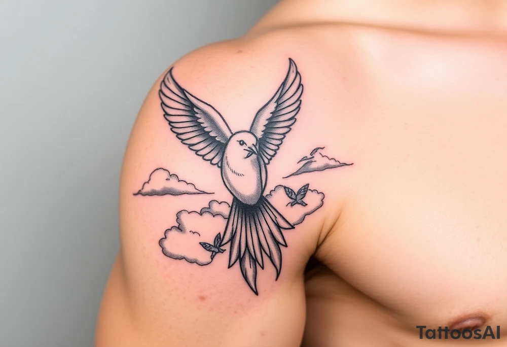 Dove and a blue jay, clouds, shining light to or from heaven tattoo idea