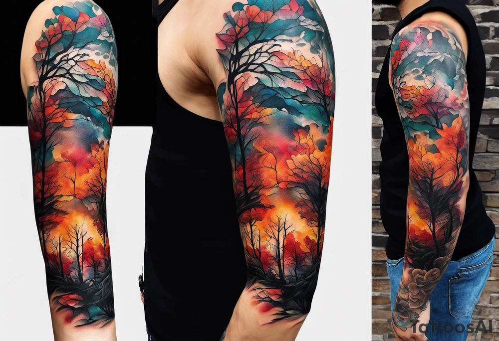 Arm Sleeve Tattoo with fall colors flat tattoo idea
