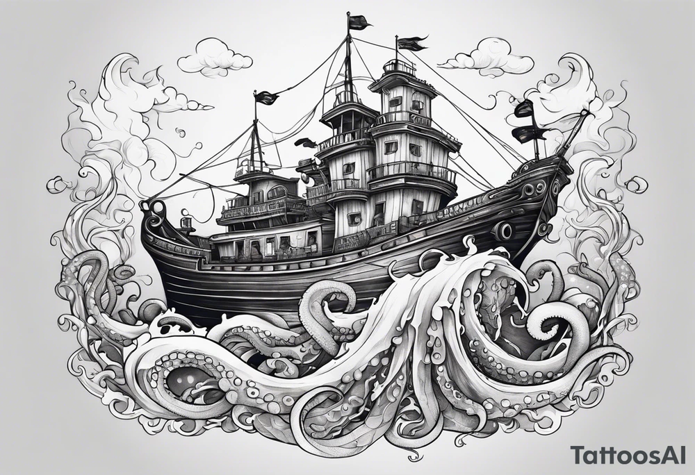 Pulpo gigante destruyendo un barco desde debajo del agua tattoo idea
