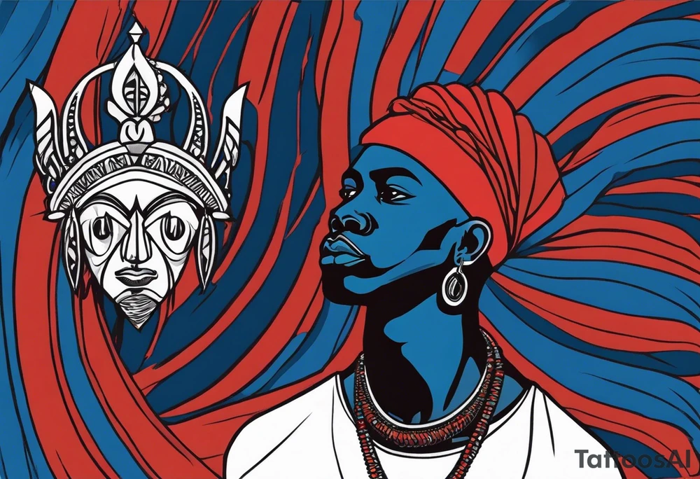 Black-skinned bald african warrior. He wears a simple and small silver crown. He uses two simple necklaces: one blue, other red. He has cowry shells in his crown tattoo idea
