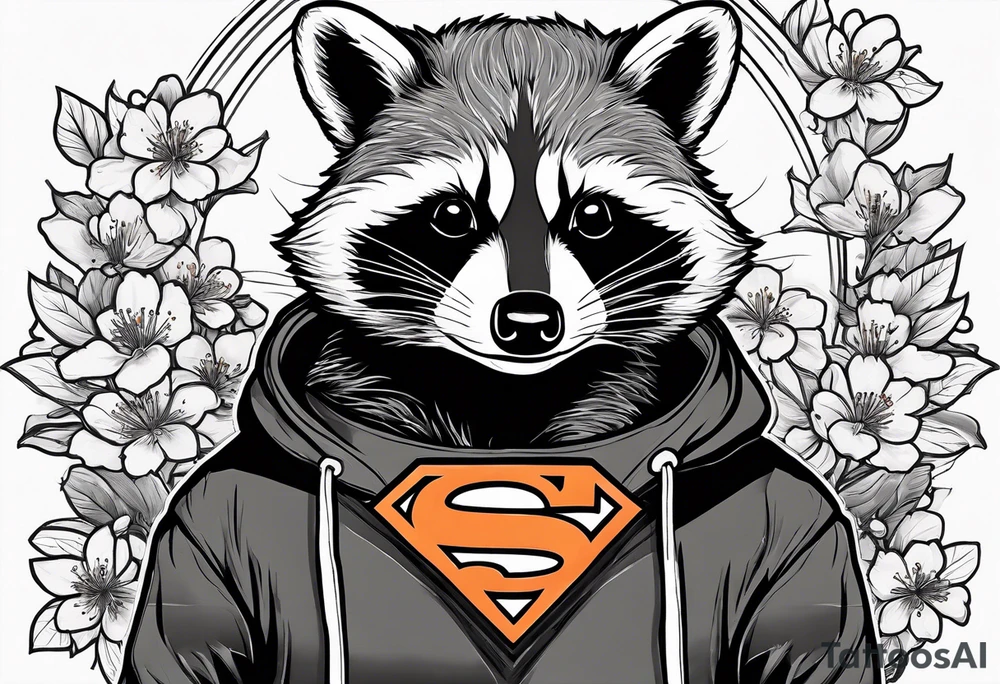Raccoon wearing a white Superman logo on a black hoodie and orange Japanese cherry blossoms beside tattoo idea