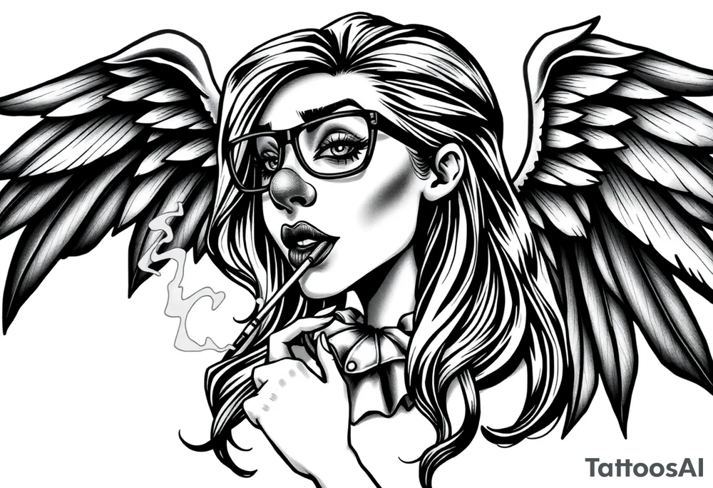 beautiful long hair Clown Girl thug eyeglasses angel wings smoking cigarette tattoo idea