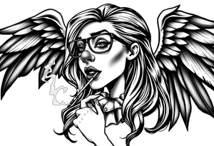 beautiful long hair Clown Girl thug eyeglasses angel wings smoking cigarette tattoo idea