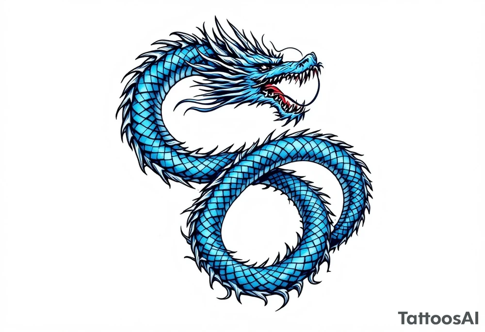 The design features a dragon, coiled in the shape of the infinity symbol (sideways number "8"). The dragon is depicted eating its own tail, symbolizing eternity and continuity, inspired by the Ouroboros.

Details:

The dragon's body has vibrant, glossy blue scales, with a smooth and polished texture.
It maintains a clean, balanced shape in the infinity figure, with sharp details and elegant flow.
Style:

The focus remains on the dragon's form, with no additional background elements to keep the design minimal and modern. tattoo idea