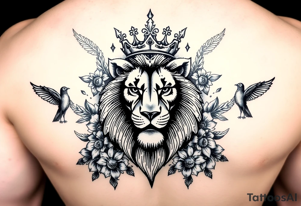 powerful majestic lion with a crown, surrounded by floral ornaments and birds tattoo idea