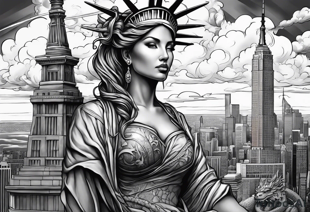 Hot girl as Statue of Liberty with dragon protecting her, full head in clouds tattoo idea