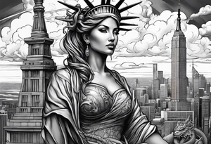 Hot girl as Statue of Liberty with dragon protecting her, full head in clouds tattoo idea