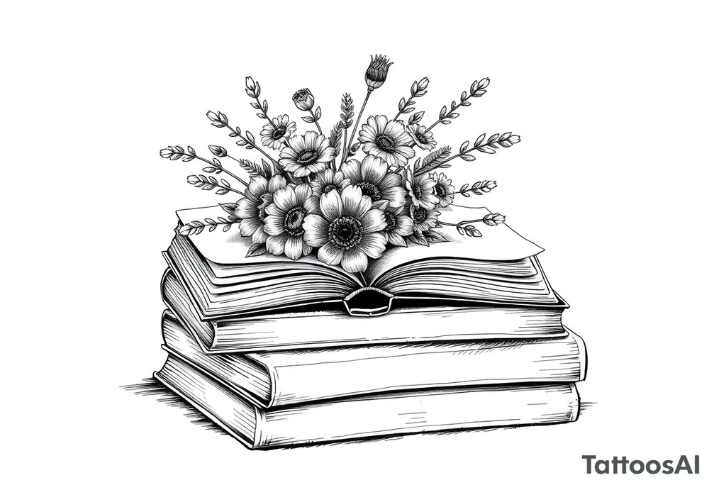 stack of 3 vintage books top book open with bouquet of different kinds of wild 
flowers coming out of it tattoo idea