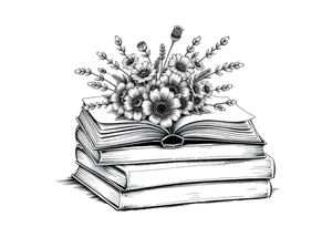 stack of 3 vintage books top book open with bouquet of different kinds of wild 
flowers coming out of it tattoo idea